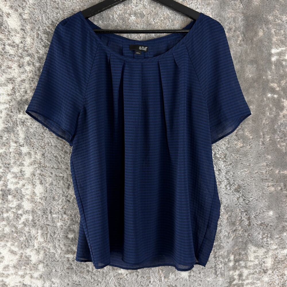 ANA A New Approach Size L Casual Semi Sheer Pleated Top Navy Short Sleeve